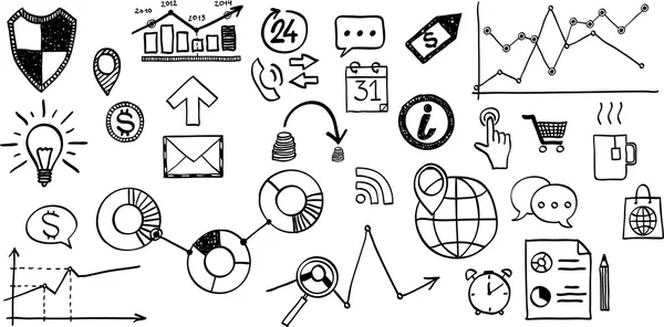 Ilustración vectorial del conjunto de negocios dibujados a mano, elementos financieros — Archivo Imágenes Vectoriales