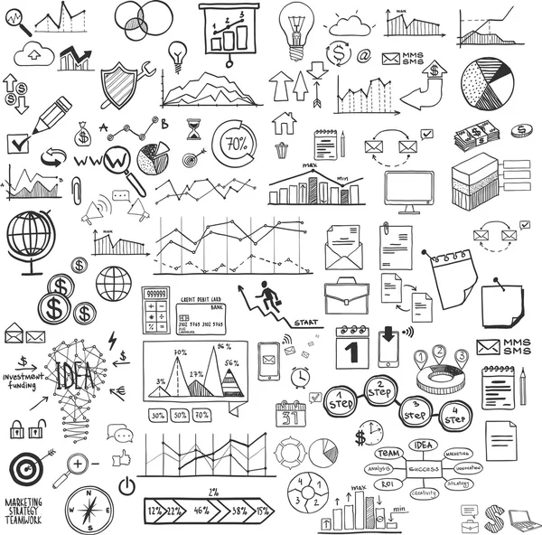 Conjunto de iconos web para negocios, finanzas y comunicación, marketing, ilustración vectorial dibujada a mano — Vector de stock