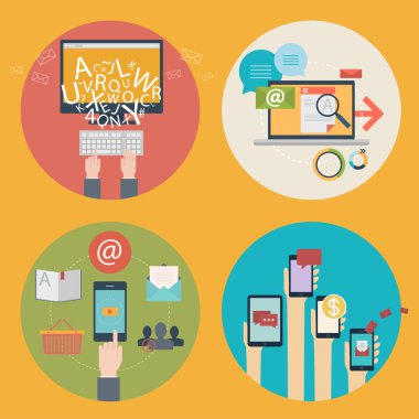 blogging, web tasarım, seo, sosyal medya için düz tasarım konsepti simgeler vektör kümesi. iş kavramları - online alışveriş, eğitim, öğrenme, reklam, geliştirme, iletişim, analytics, mobi
