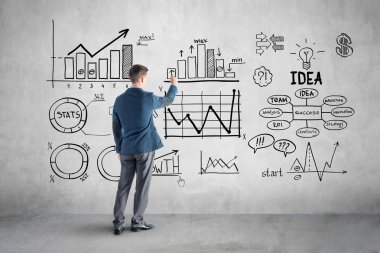 çizim iş planı, grafik, grafik duvar üzerinde işadamı