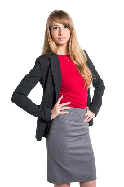 Portrait of young business woman gray skirt red shirt classical costume isolated on white background — Stock Photo, Image