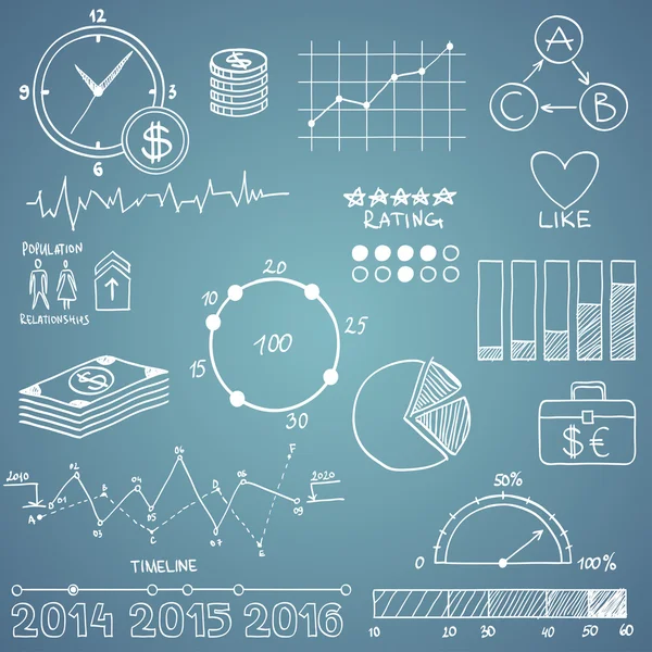 Wirtschaft und Finanzen Hand zeichnen Doodle-Elemente Diagramm Zeitachse auf blauem Hintergrund — Stockvektor