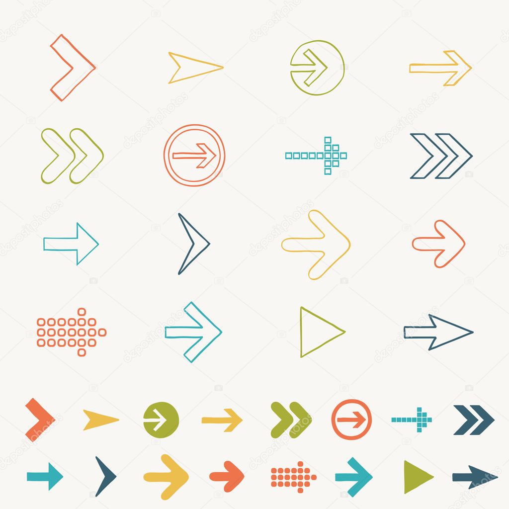 Arrow sign icon set doodle hand draw vector illustration of web design elements