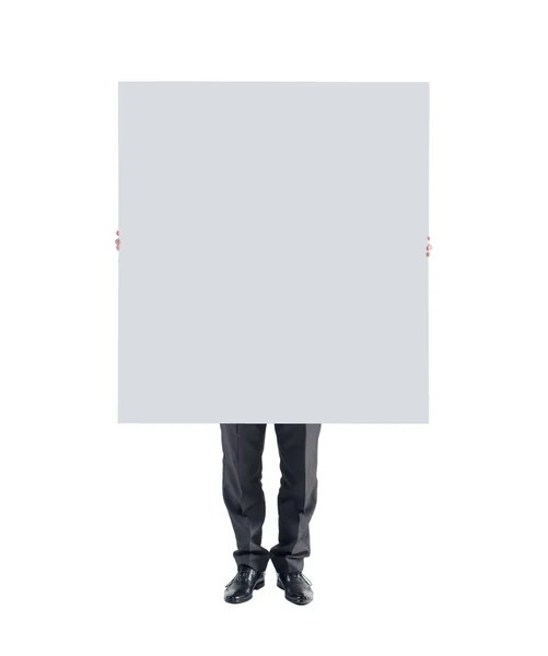 Άνθρωπος χέρια που κρατούν την προβολή πίνακα λευκό κενό αφισών — Φωτογραφία Αρχείου