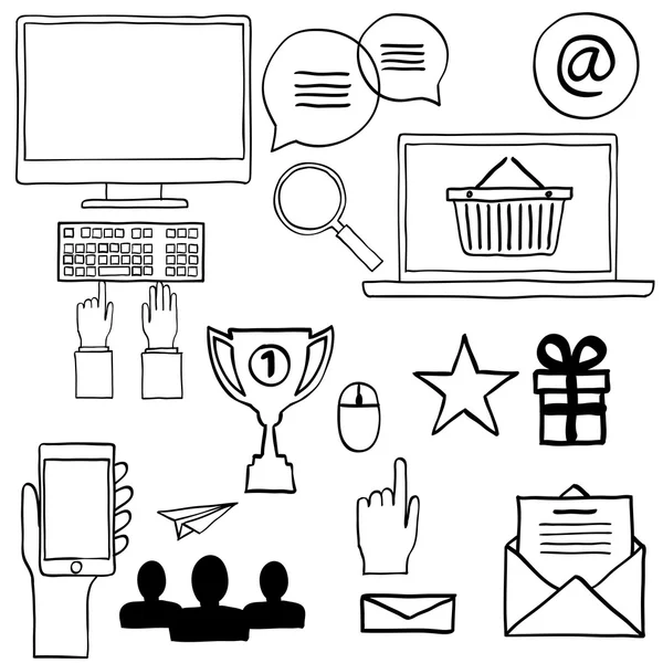 Hand draw doodle icons. Concept internet, work, office, shopping — Stock Vector