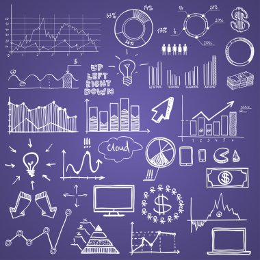 Beraberlik doodle web grafikleri iş finanse başlangıç tebeşir tahtası üstünde el. kavram - grafiği, pasta grafik, ok işaretleri