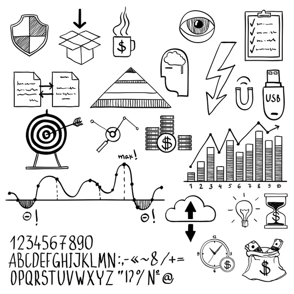 Üzleti-pénzügyi doodle kézzel rajzolt elemek ábécé. koncepció - analitika, munka, a marketing stratégia — Stock Vector