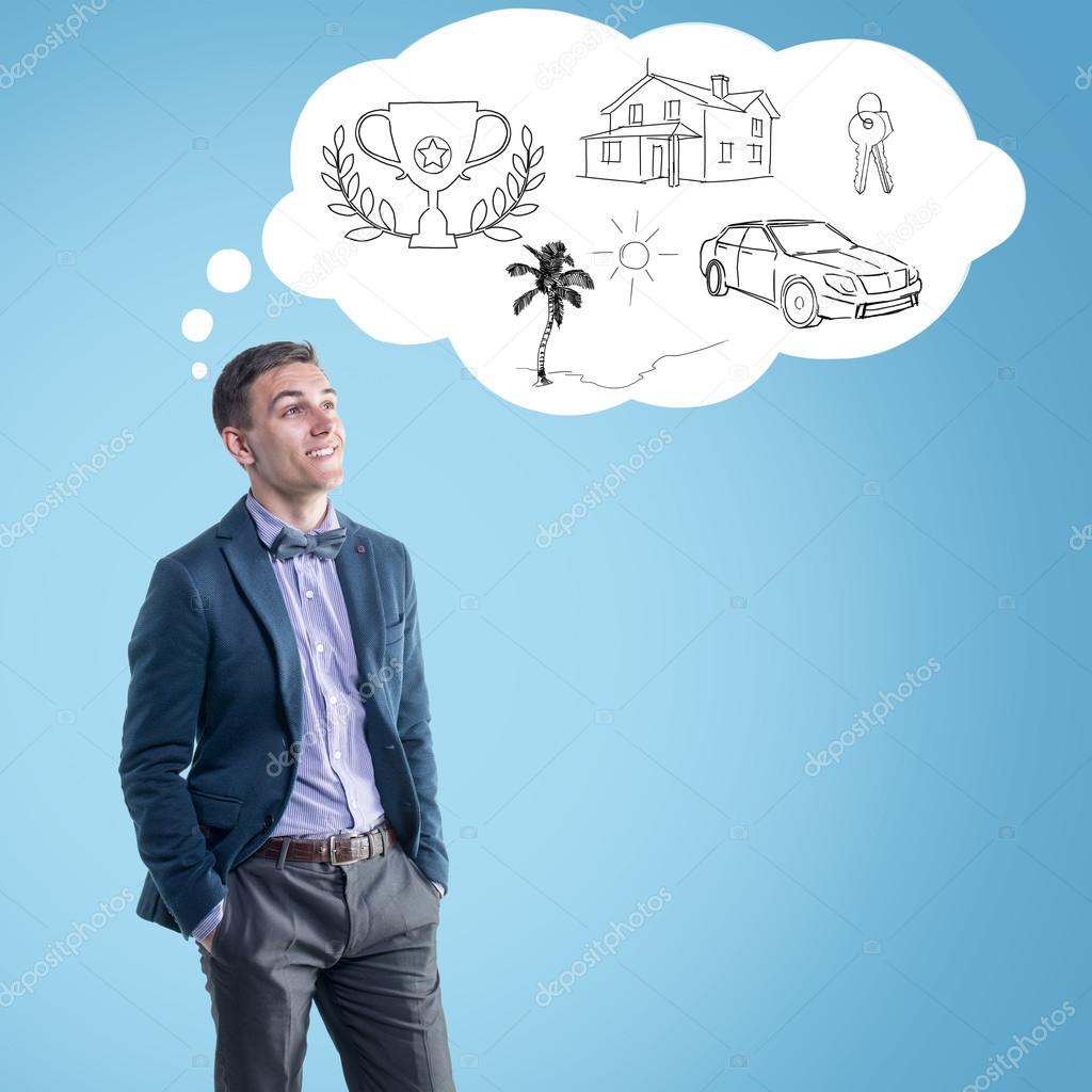 Young man planning his future and dreaming mortgage credit house car recreation vacation travel