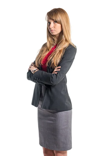 Portrait of young business woman gray skirt red shirt classical costume isolated on white background — Stock Photo, Image