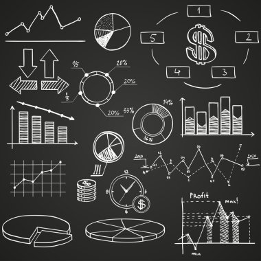 İş Finans doodle elle çizilmiş öğeleri alfabe üzerinde mavi arka plan ile. kavram - analytics, iş, pazarlama, strateji
