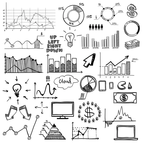 Beraberlik doodle web grafikleri iş finanse başlangıç tebeşir tahtası üstünde el. kavram - grafiği, pasta grafik, ok işaretleri — Stok Vektör