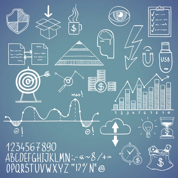 Üzleti-pénzügyi doodle kézzel rajzolt elemek ábécé a kék háttér. koncepció - analitika, munka, a marketing stratégia — Stock Vector