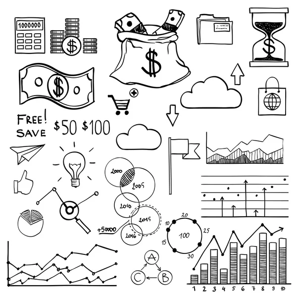 Mão desenhar doodle elementos dinheiro e ícone de moeda, gráfico gráfico. Conceito banco negócio finanças analytics ganhos — Vetor de Stock