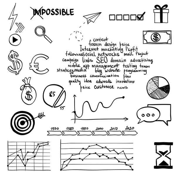 Mano dibujar signos de redes sociales y símbolos garabatos elementos. Concepto web marketing de comunicación por Internet — Archivo Imágenes Vectoriales