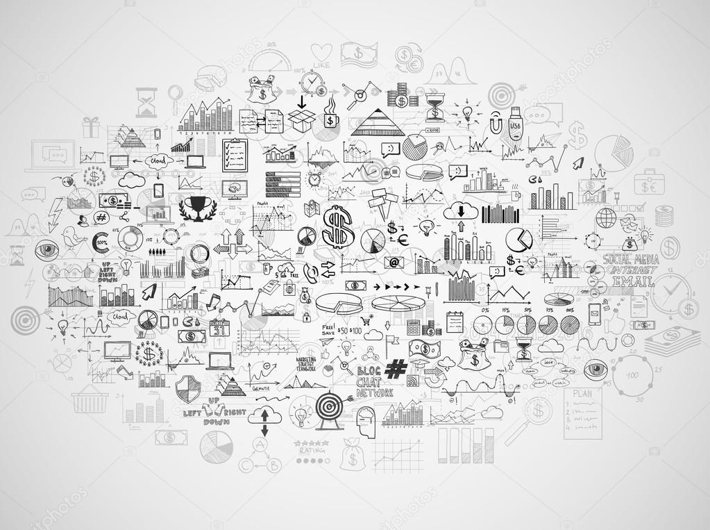 Hand draw doodle elements money and coin icon, chart graph. Concept bank business finance analytics earnings