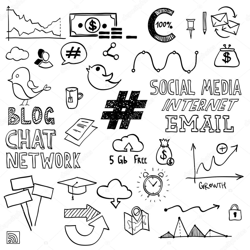 Hand draw social media sign and symbol doodles elements. Concept tweet, hashtag, internet communication