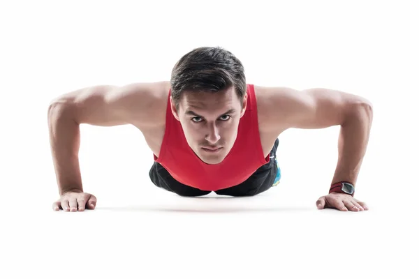 Sexy Young fashion sport muscle man, fitness model guy making push ups exercise — Stock Photo, Image