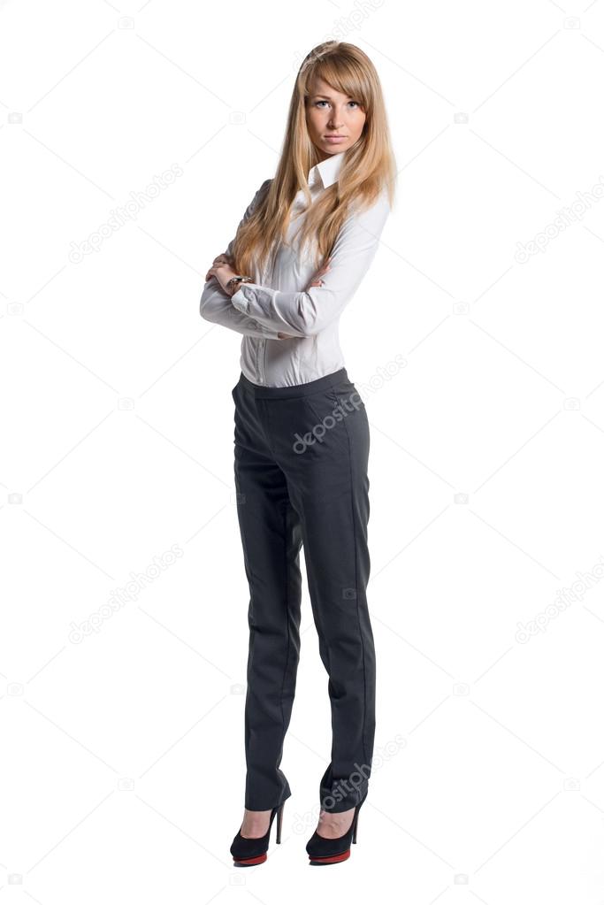 Portrait of young business woman white shirt black trousers pants  isolated