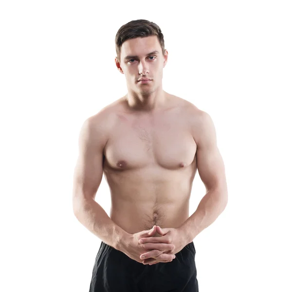 Retrato de un atleta atractivo deportista musculoso guapo chico sexy en vestido deportivo, hombre fuerte, torso desnudo —  Fotos de Stock