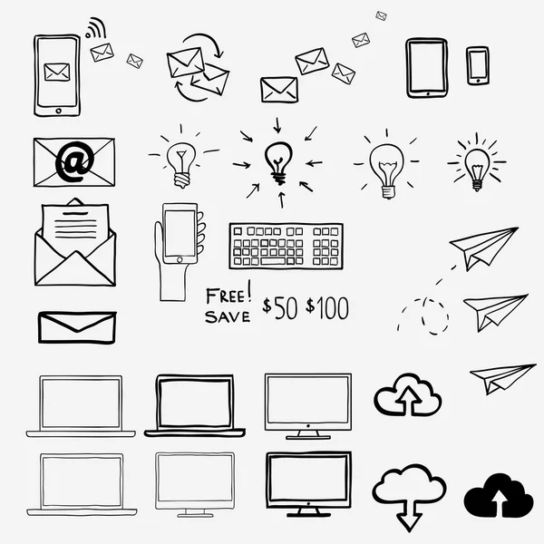 Ruční čerpat doodle ikony. koncept internet, práce, kanceláře, nákupní — Stockový vektor