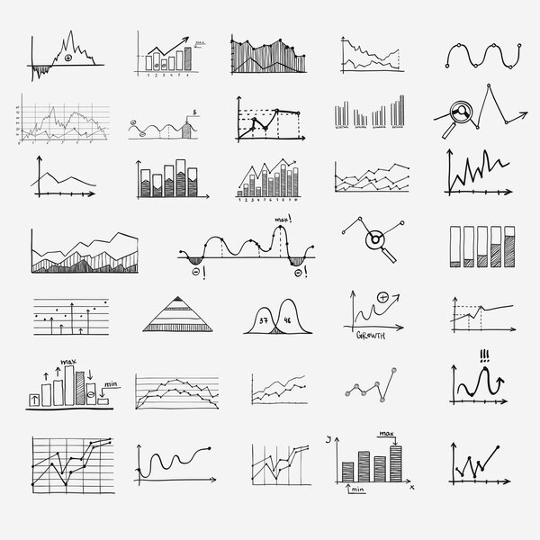 business finance statistics infographics doodle hand drawn elements. Concept - graph, chart, arrows signs, search earnings money profit