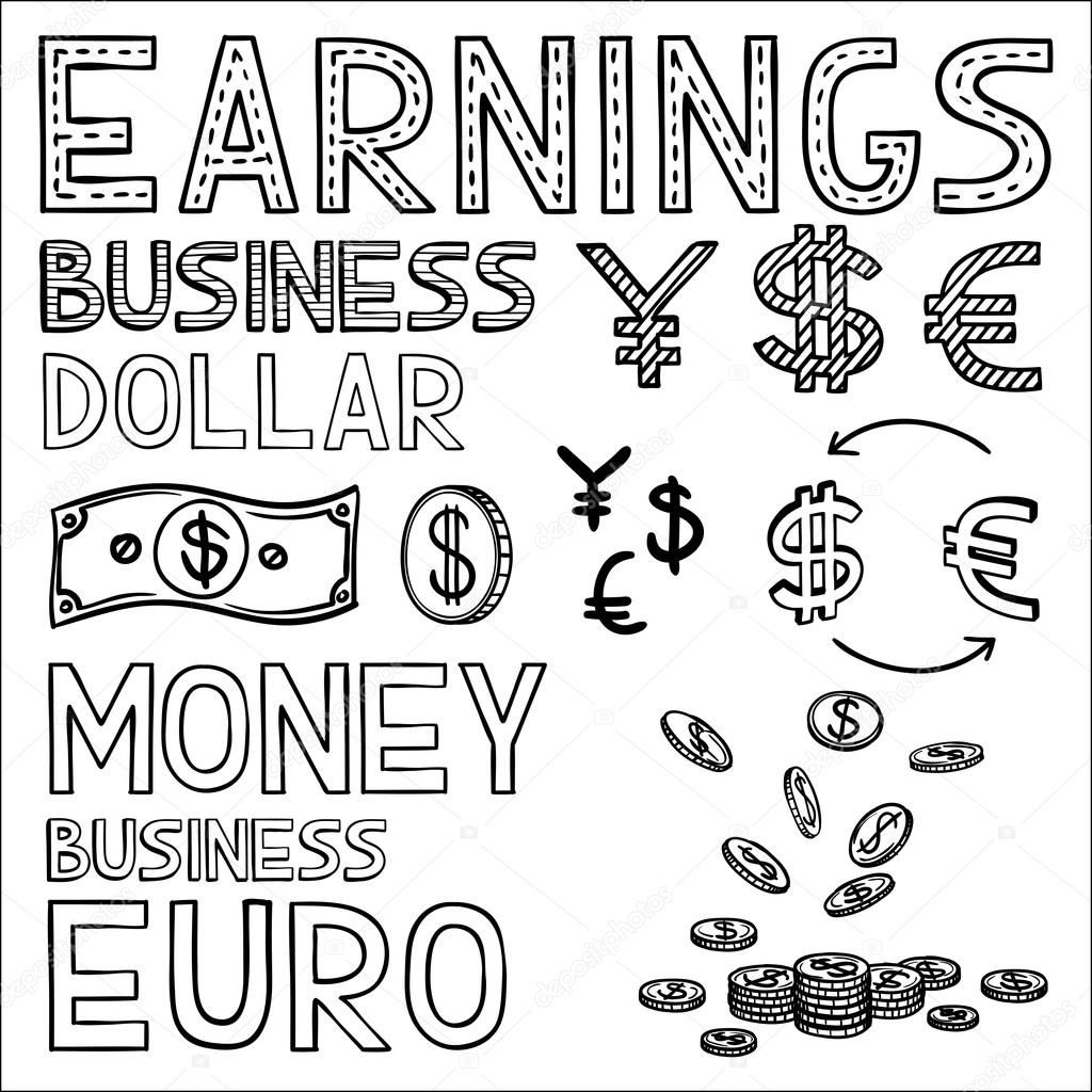 Hand draw finance and money doodle sketch business icon, dollar euro sign papper currency