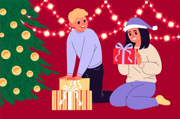 Kislányok a karácsonyi ajándékaikkal a padlón ülnek egy karácsonyfa mellett.. — Stock Vector