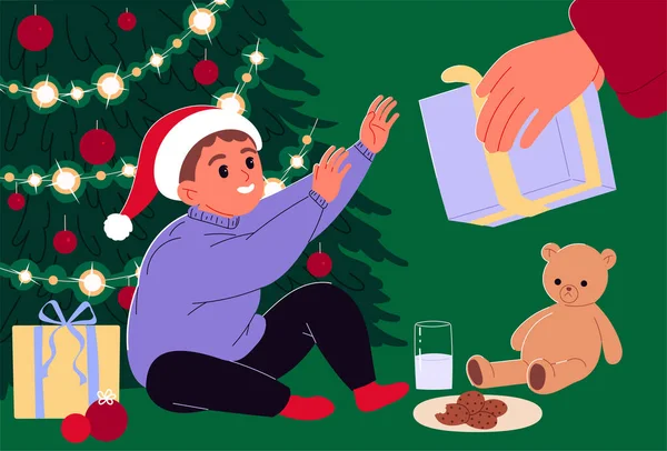 Kid recebe um presente de Natal na árvore de Natal — Vetor de Stock