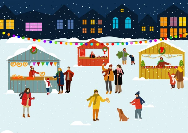 Mensen op de wintermarkt in de avond. Kerstmarkt, vakantie. — Stockvector