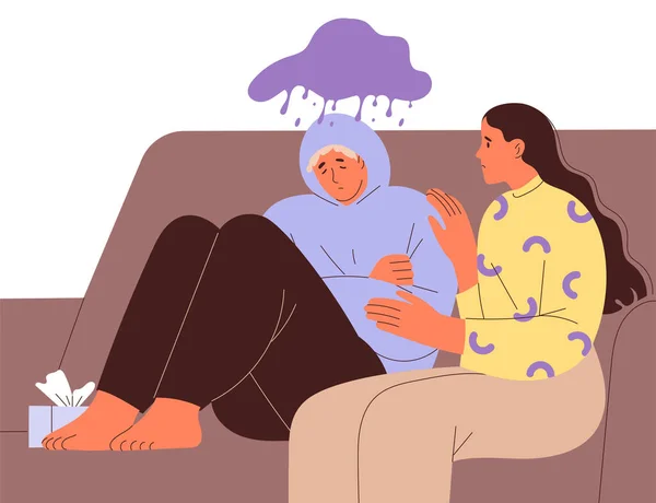 Jeune homme souffrant sur le canapé et femme compatissante — Image vectorielle