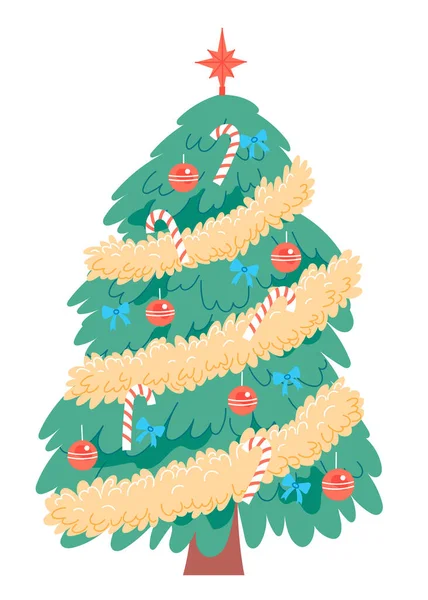 Albero di Natale decorato. Vettore, isolato su sfondo bianco — Vettoriale Stock