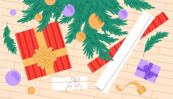 Regalos de Navidad bajo la vista superior del árbol de Navidad — Archivo Imágenes Vectoriales