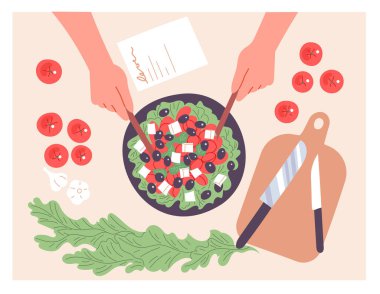 Bir kişi salata hazırlıyor. Yukarıdan görüntüle