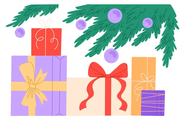 Scatole con regali per Natale, anno nuovo sotto l'albero di Natale. — Vettoriale Stock