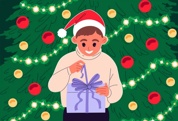 Junge packt Weihnachtsgeschenk am Weihnachtsbaum aus — Stockvektor