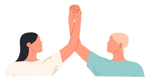 Mãos de homem e mulher segurando uns aos outros mostrando unidade e união — Vetor de Stock