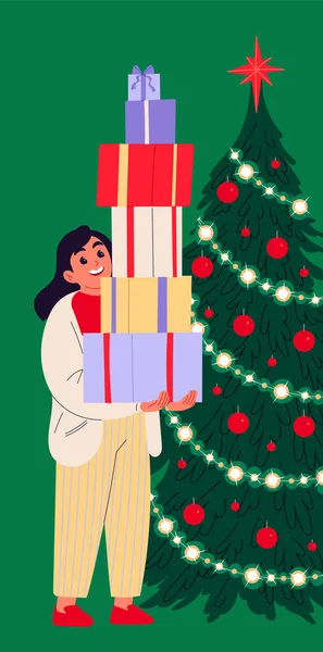 Dziewczyna gospodarstwa stos pudełek świątecznych prezent stojąc obok ozdobionej choinki. — Wektor stockowy