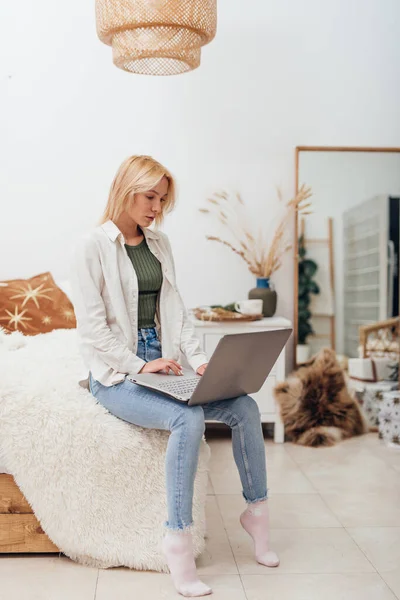 Genç bir kadın dizüstü bilgisayarla koltukta oturuyor. — Stok fotoğraf