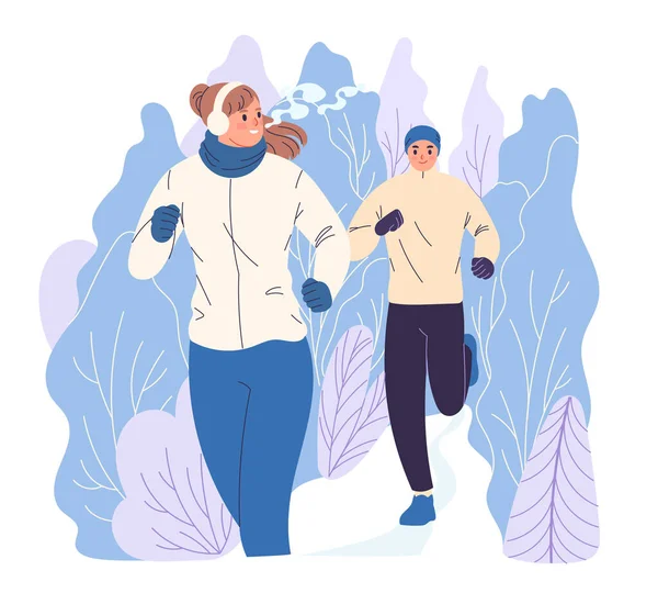 Dos personas corren por el bosque en invierno. — Vector de stock