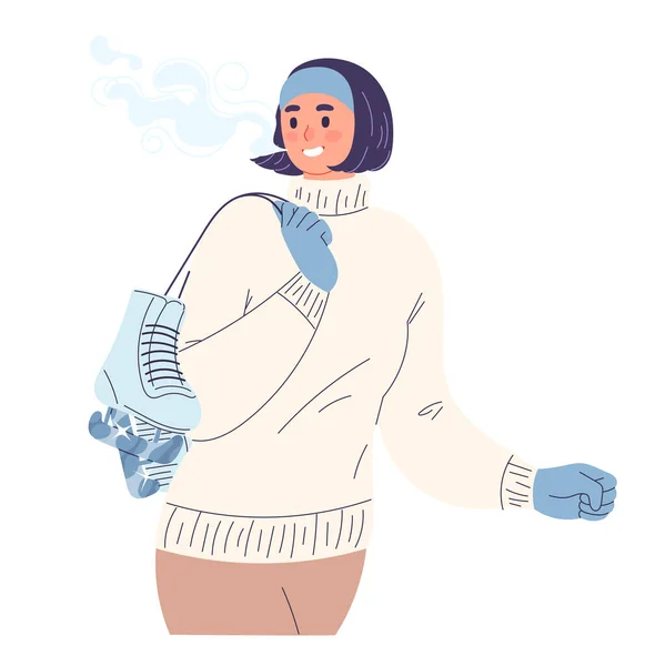 Зимова жінка тримає ковзани на льоду — стоковий вектор