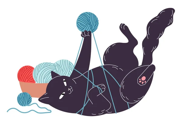 猫は糸遊びに巻き込まれたボール — ストックベクタ