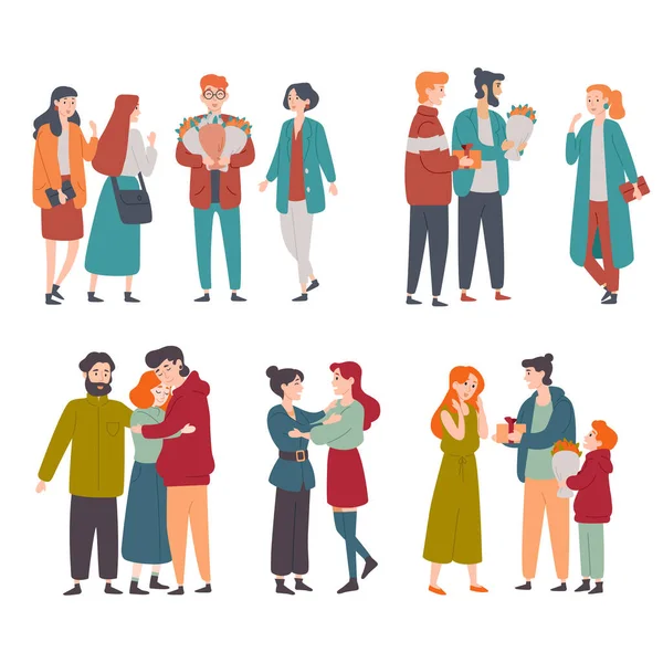 Erkekler kadınları tebrik eder. Gençler kutlama yapıyor. Mutlu insanlar, tatiller, aileler, arkadaşlar.