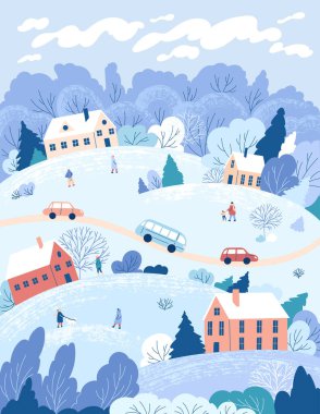 Winter City caddesi şehir manzarası. Vektör illüstrasyonu.