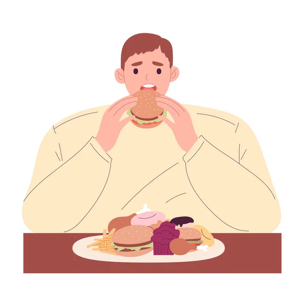 La persona come en exceso alimentos altos en calorías. Trastornos alimentarios, adicción a los alimentos. Alimentos grasos, dulces y salados — Vector de stock
