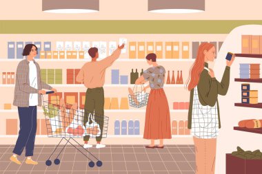 Süpermarketteki insanlar bakkaliye Vektör illüstrasyonu satın alıyorlar.