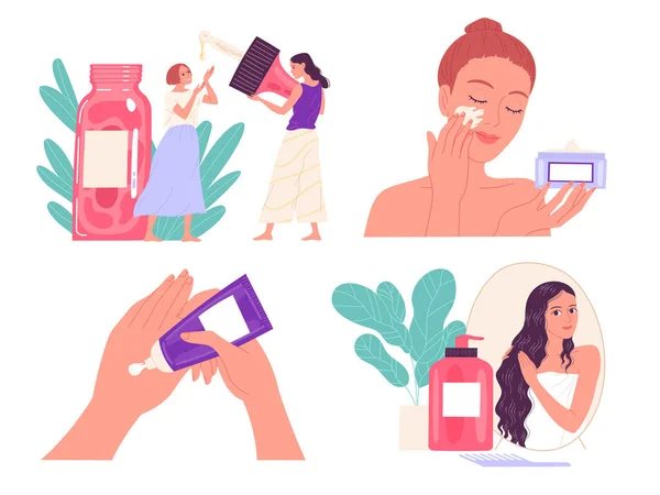 Mulheres jovens cuidam de sua pele com diferentes produtos cosméticos — Vetor de Stock