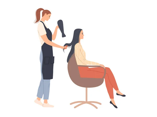 The hairdresser styles the hair and dries it with a hair dryer. — Stock Vector