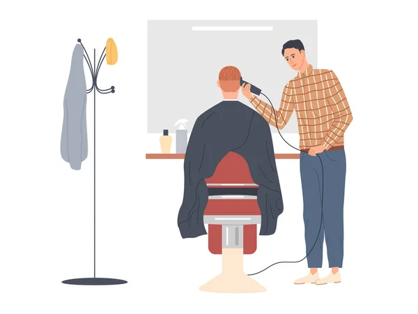 Hairdresser cutting hair of male client. Rear view — Stock Vector