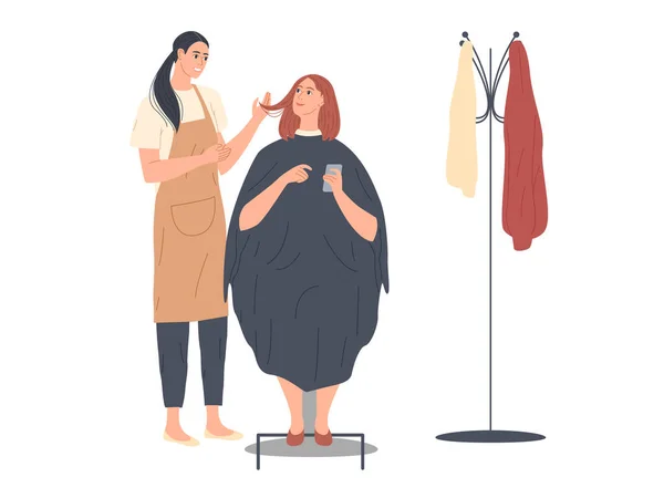 Женщина обсуждает прическу со своим парикмахером в парикмахерской — стоковый вектор