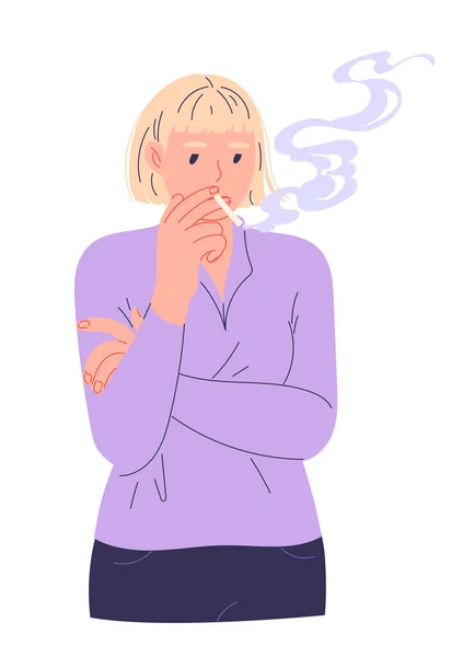 Женщина вдыхает сигаретный дым с сигаретой во рту — стоковый вектор